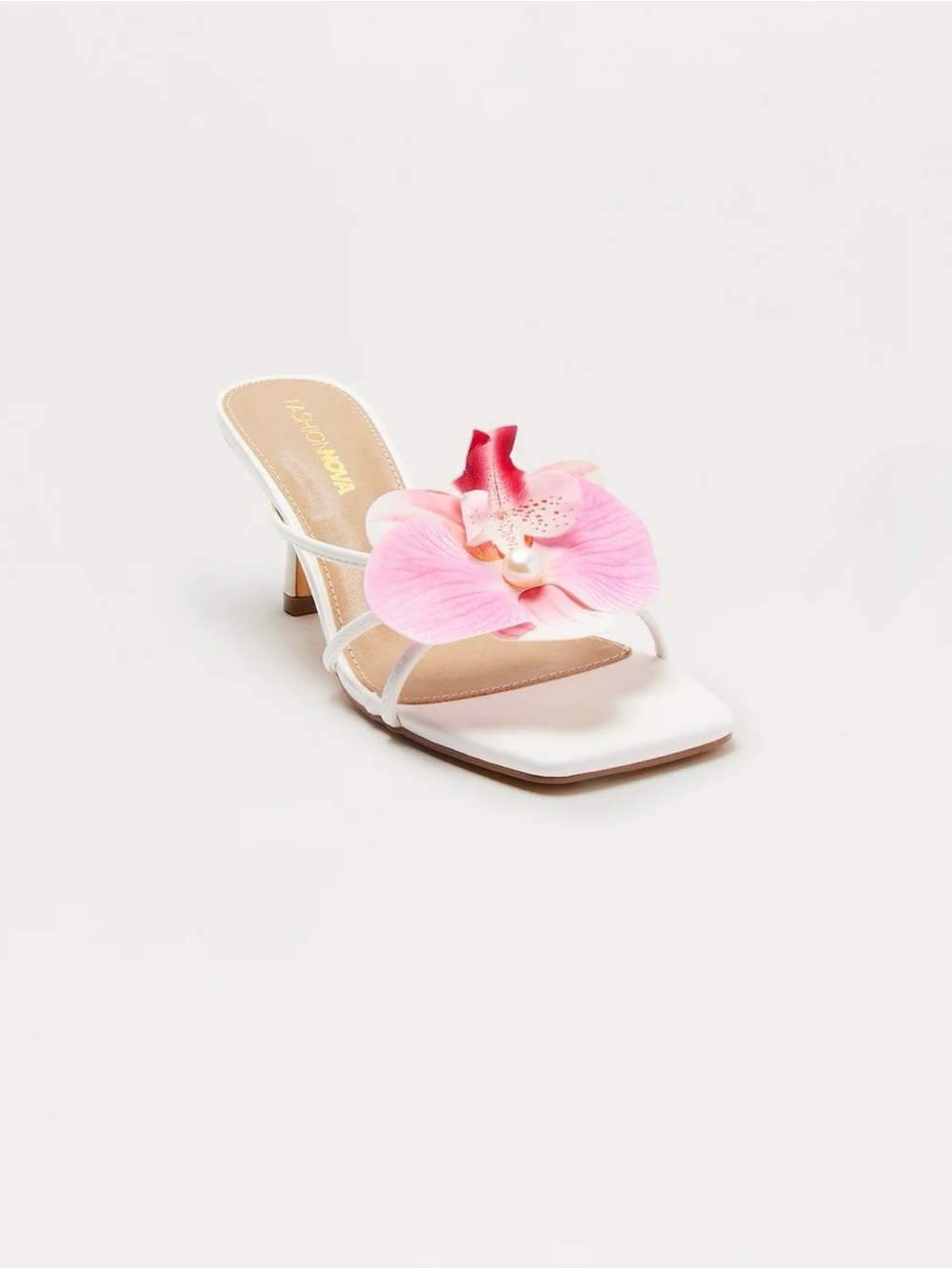 Fashion Nova White Slide Sandal with Pink Orchid Accent